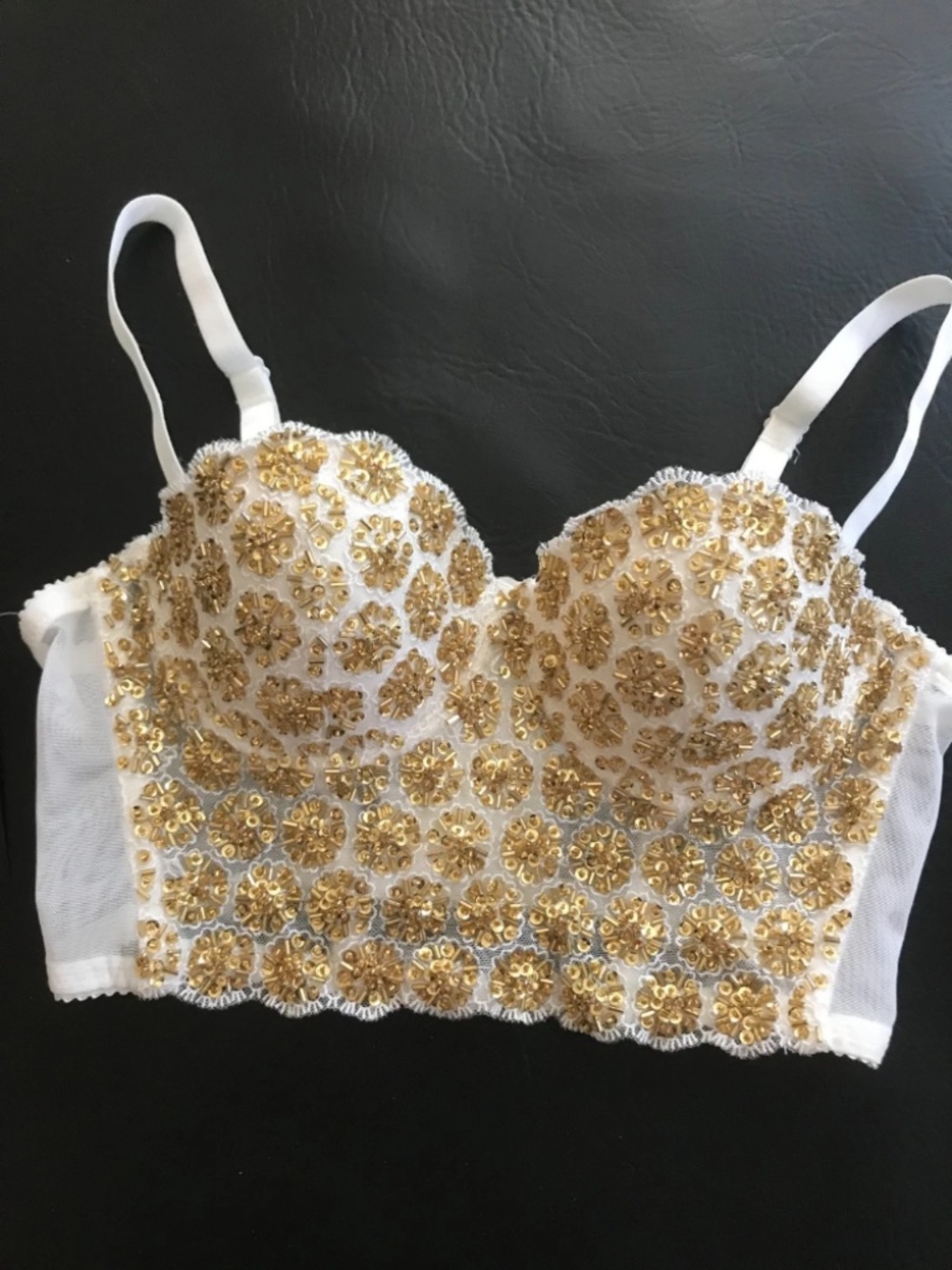 LNEW Bebe White Gold Lace Sequin Mesh Beaded Bustier Bra Cropped Top  XS 0 2